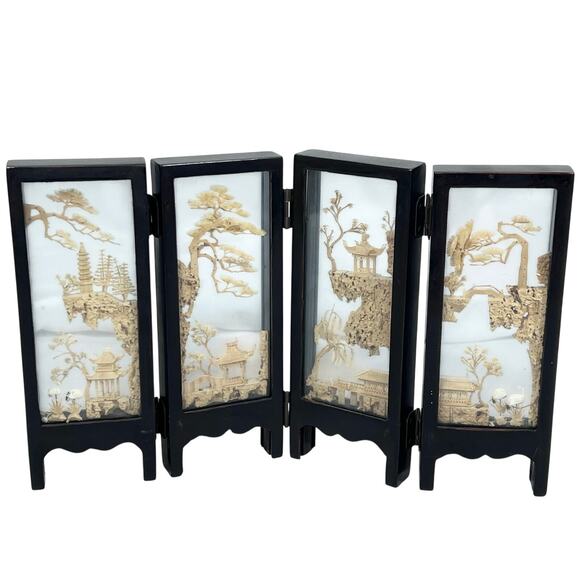 Vintage Asian Carved Cork Diorama Black Lacquer 4 Panel Mini Folding Screen - Picture 1 of 16